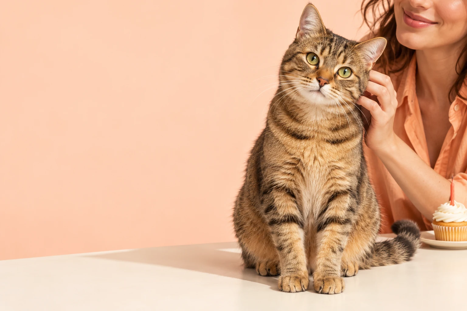Un chat tigré se laisse caresser par sa propriétaire ; un cupcake humain et sa bougie éteinte sont posés à côté.