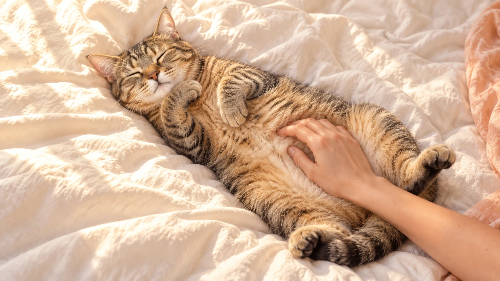Un chat tigré dort sur le dos dans des draps crème, une main posée doucement sur son ventre.