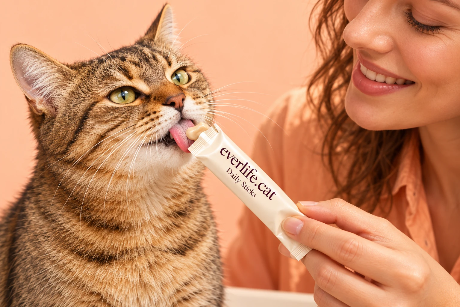 Un chat tigré adulte lèche un stick Daily Sticks crème, présenté par sa propriétaire souriante.