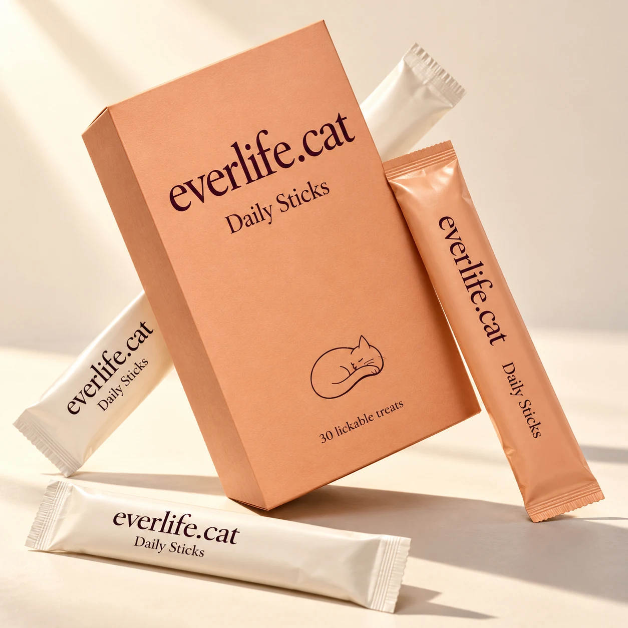 Le packaging abricot everlife.cat Daily Sticks, incliné parmi des sachets crème et abricot.