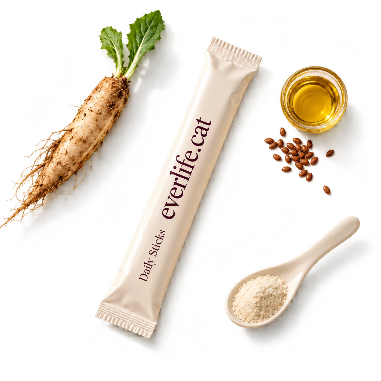 Un sachet Daily Sticks crème entouré de chicorée, d’huile dorée avec graines de lin et d’une cuillère de poudre claire.