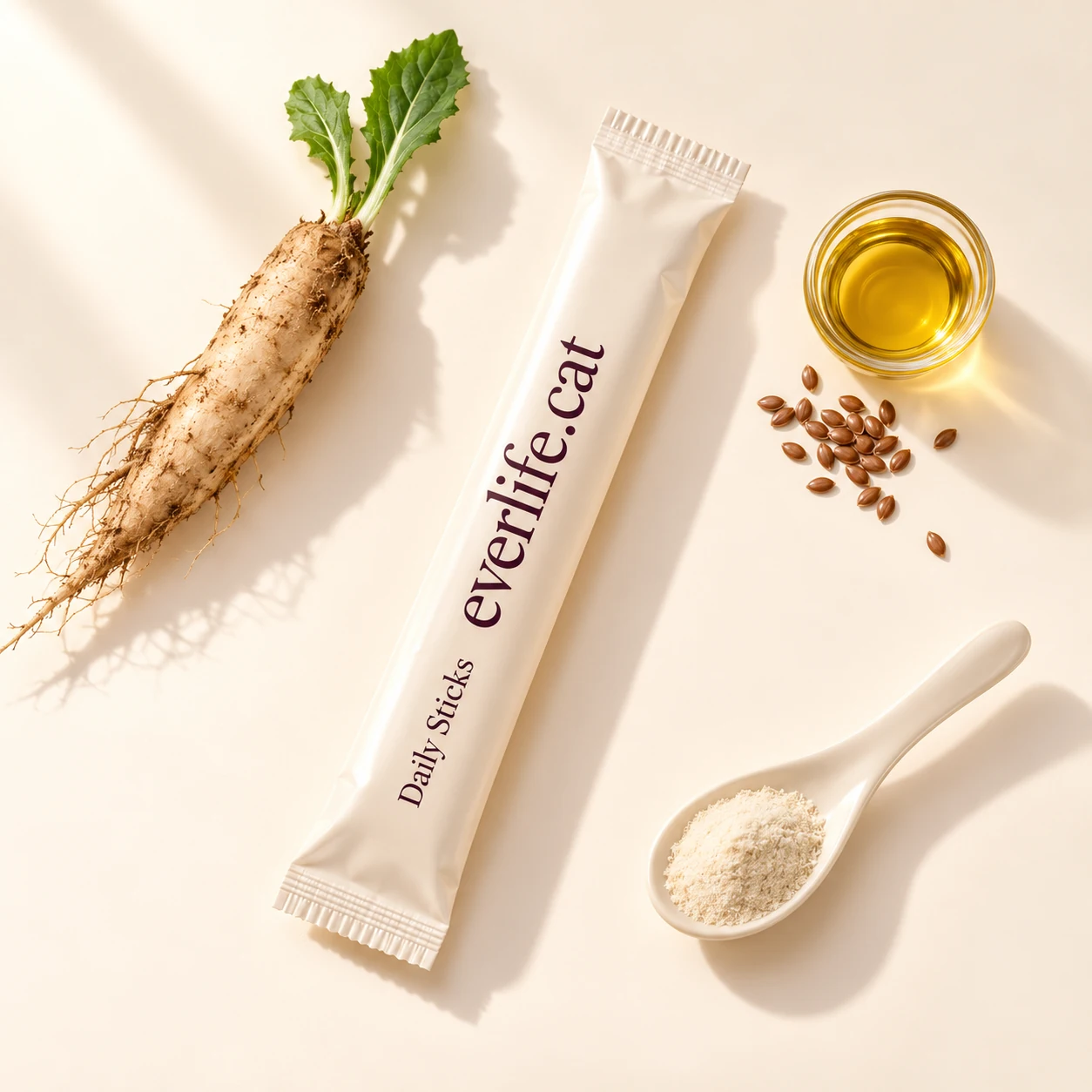 Un sachet Daily Sticks crème entouré de chicorée, d’huile dorée avec graines de lin et d’une cuillère de poudre claire.